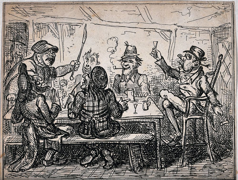 A group of men are sitting at a table eating and drinking, one raises a riding crop in salute, another a glass. Etching.