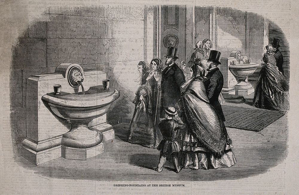 The British Museum: drinking fountains under the portico, with visitors. Wood engraving, 1860.