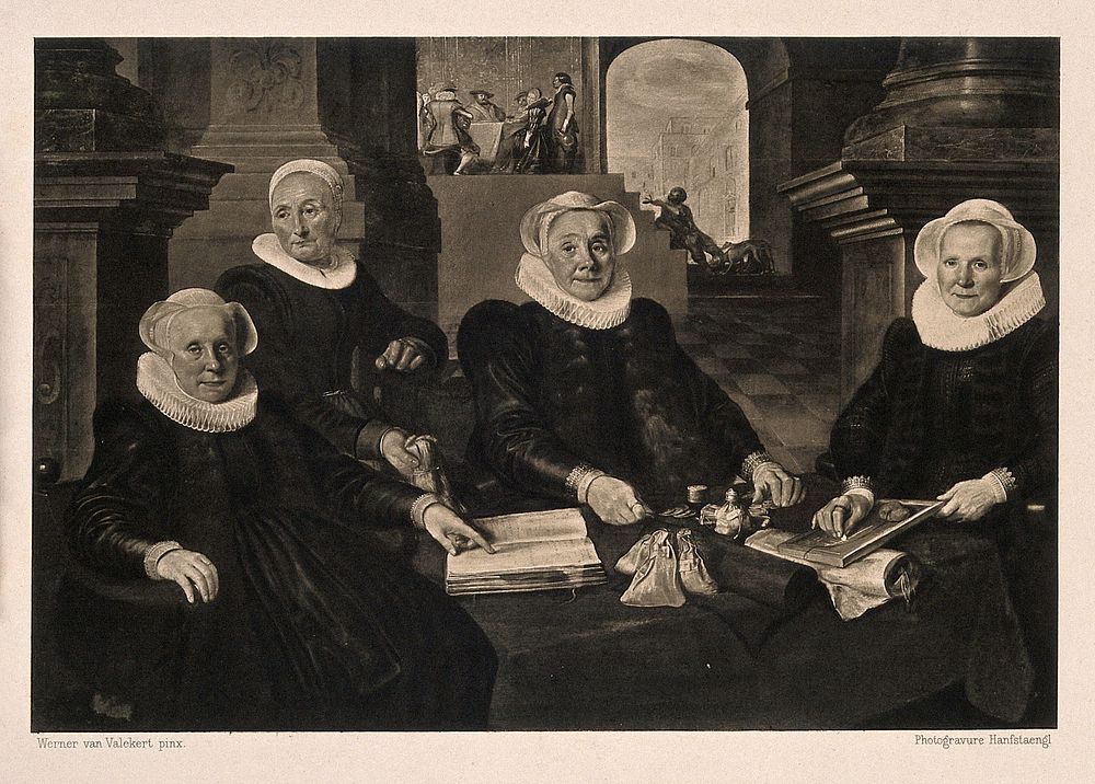 The matron and governesses of the leper asylum at Amsterdam. Photogravure after W. Valckert, 1624.
