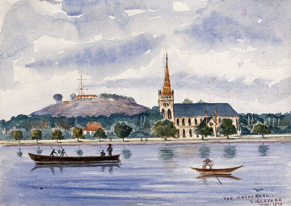Singapore: view across the harbour to Fort Canning and the cathedral. Watercolour by J. Taylor, 1879.