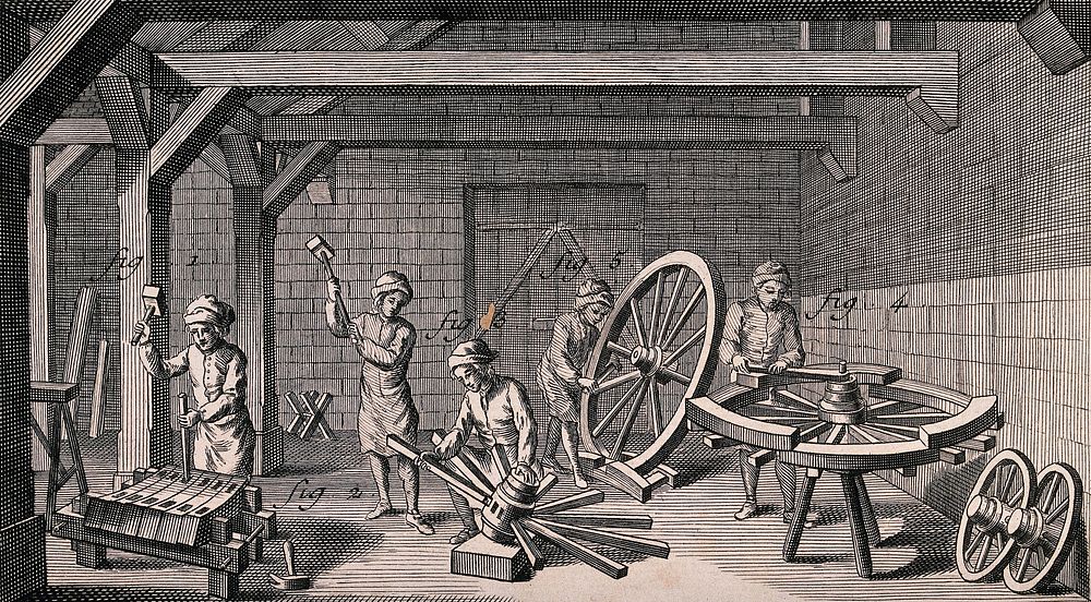 Men are working with mallets to fit the pieces together to make wheels. Engraving by Bénard after L.J. Goussier.