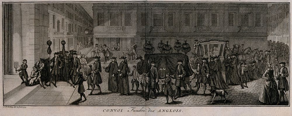 A large funeral procession following a bier with a corpse into a church. Etching with engraving by Jakob van der Schley…