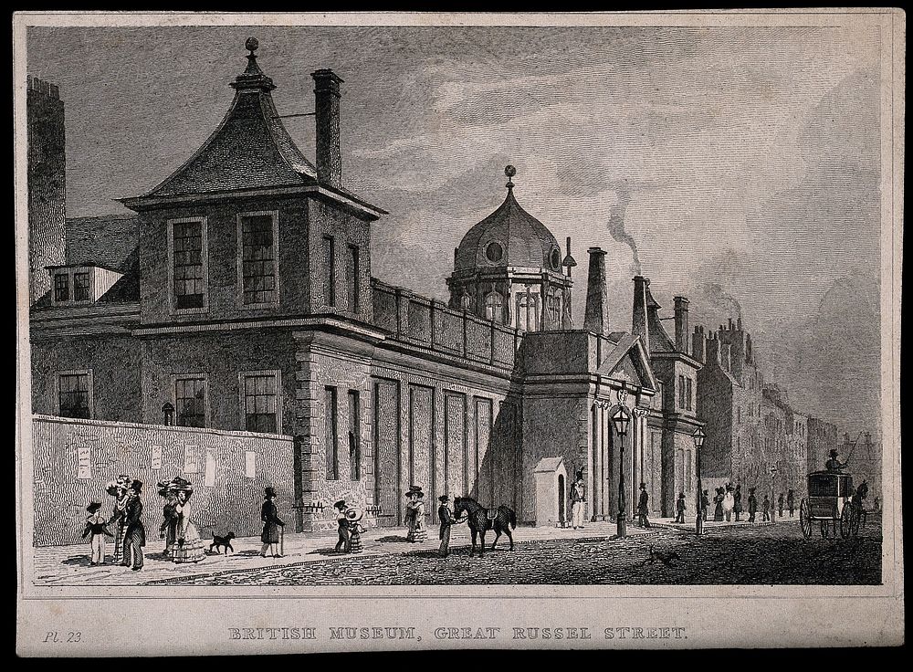 The British Museum in Montague House: the Great Russell Street facade. Engraving after T. H. Shepherd.