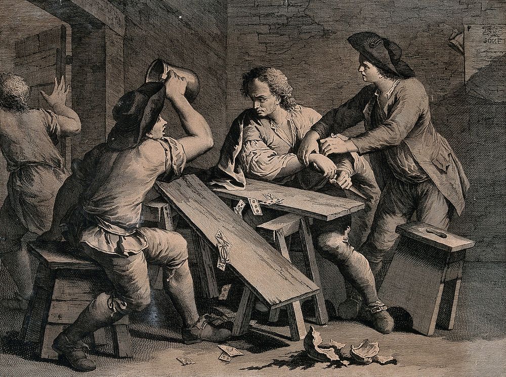 Two men are having a dispute over a card game, one man has raised his tankard and the table has been broken, one man flees…
