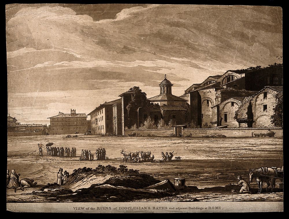 Baths of Diocletian, Rome: a religious procession walking pass the Baths ruins and surrounding buildings. Tinted aquatint.