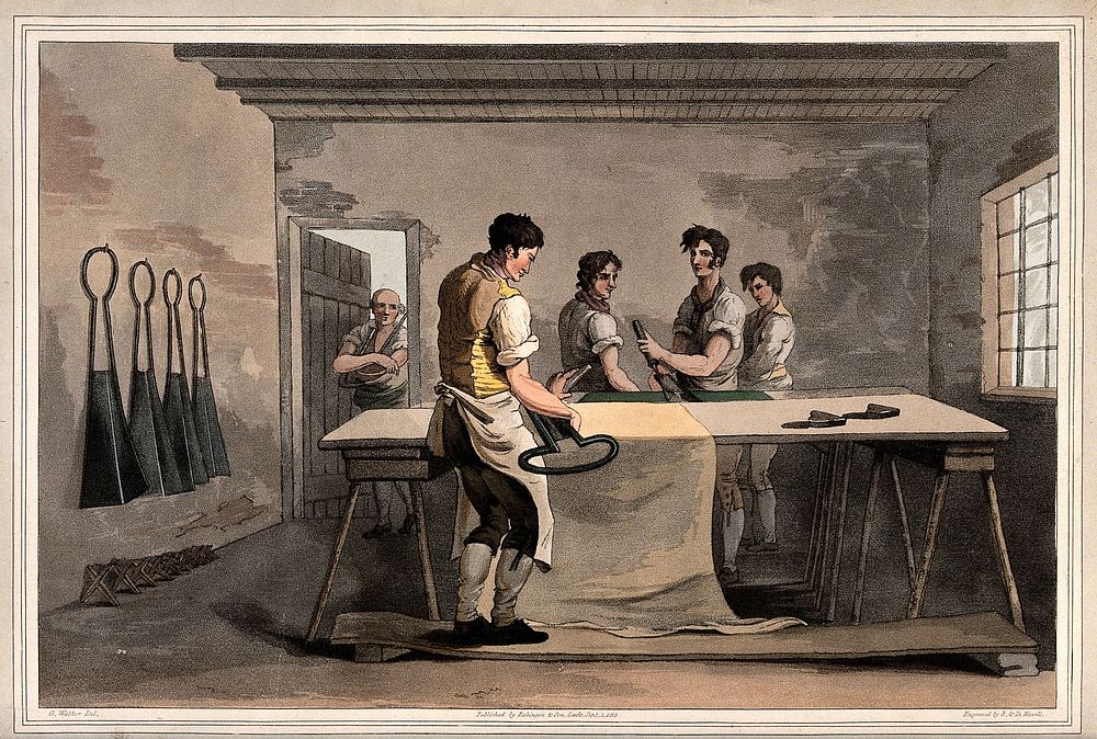Yorkshire: four cloth-dressers (croppers) smoothing a sheet of wool. Coloured aquatint by R.& D. Havell, 1813, after G.…