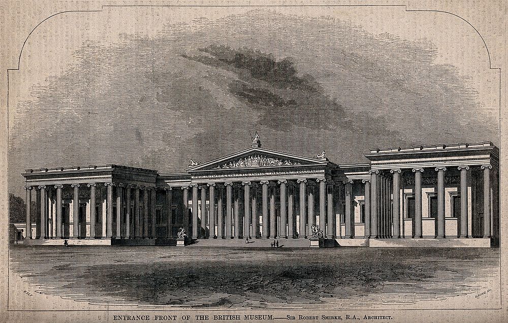 The British Museum: the entrance facade as intended. Wood engraving by C. D. Laing after B. Sly, 1849.