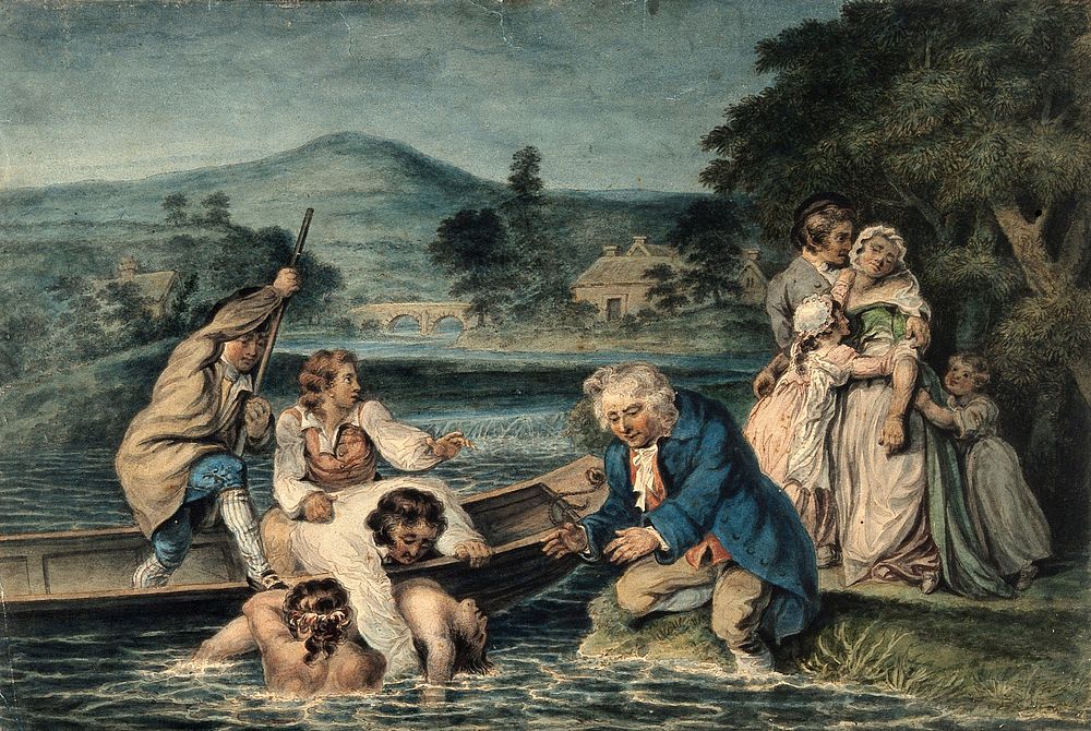 A man being brought in by boat apparently drowned, his wife and family grieve on the shore. Watercolour by R. Smirke.