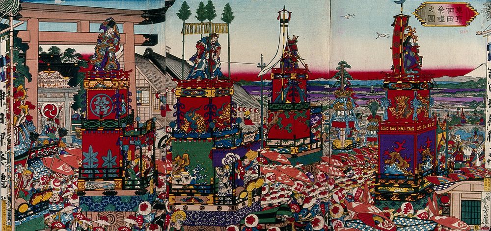 Edo (Tokyo): Kanda Festival Procession: four large, elaborately decorated floats are shown being pulled through the city.…