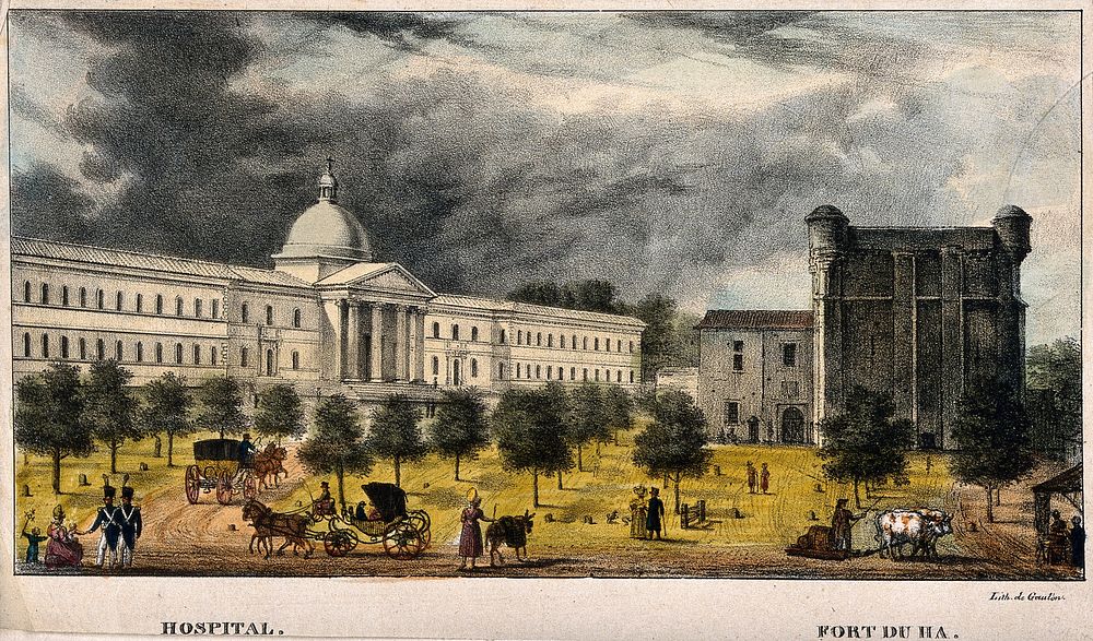 The hospital in Gironde, Bordeaux, France. Coloured lithograph by Gaulon.