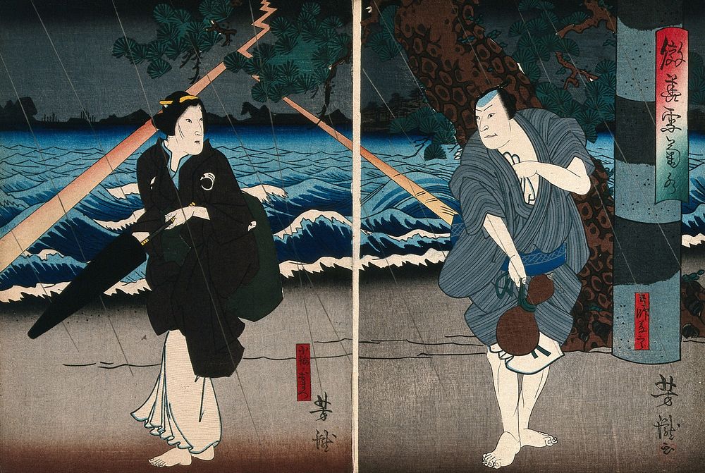 A pair of actors by a lake in a storm. Colour woodcut by Yoshitaki, early 1860s.