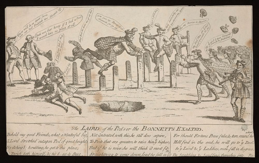 Lord Bute in Highland dress jumps over numbered stone posts beside an open pit. Etching, 1762.