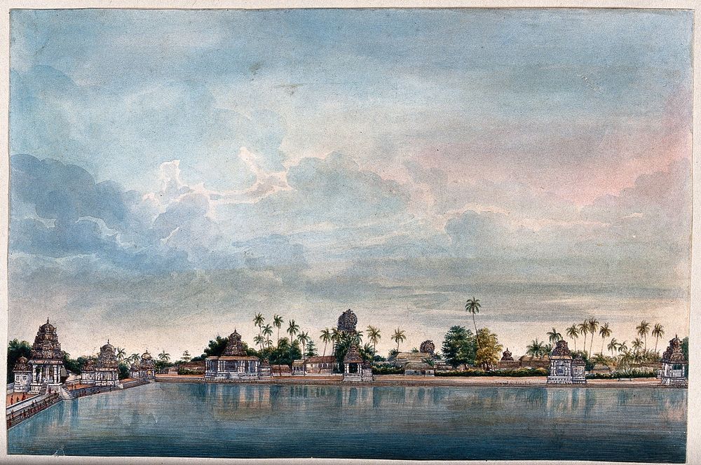 Combaconum: the holy tank at the Shiva temple in Combaconum, south west view. Watercolour by an Indian painter.
