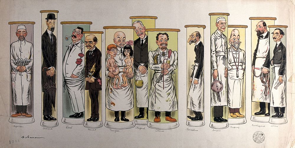Twelve doctors standing in test tubes. Colour lithograph by A. Barrère, ca. 1910.