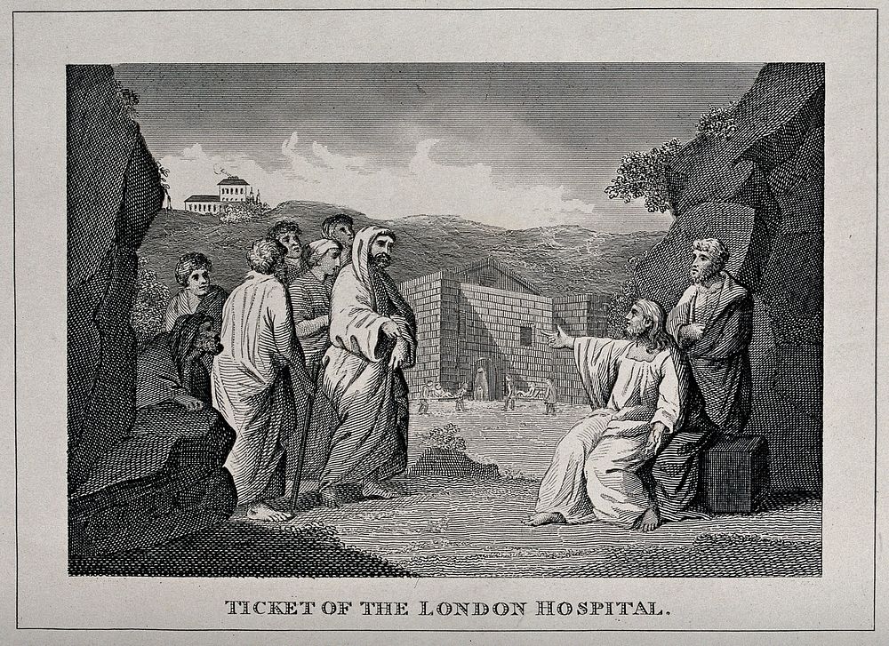 Ticket of the London Hospital: Christ with his disciples, gesturing towards the sick. Steel engraving after W. Hogarth.