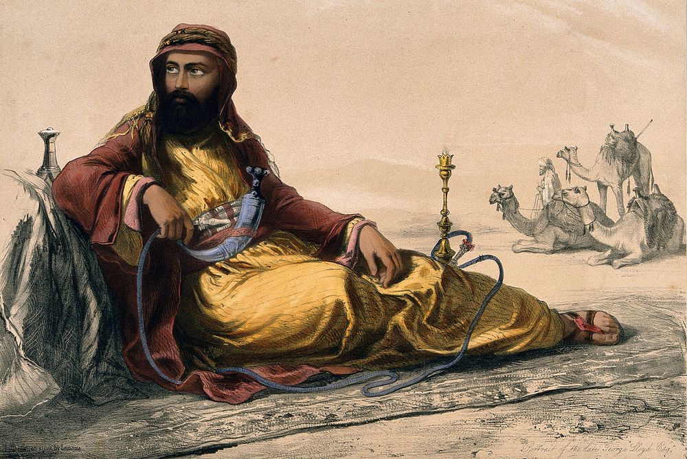 George Lloyd in Arab dress reclining and smoking a hookah. Coloured lithograph by Lemoine, ca. 1851.