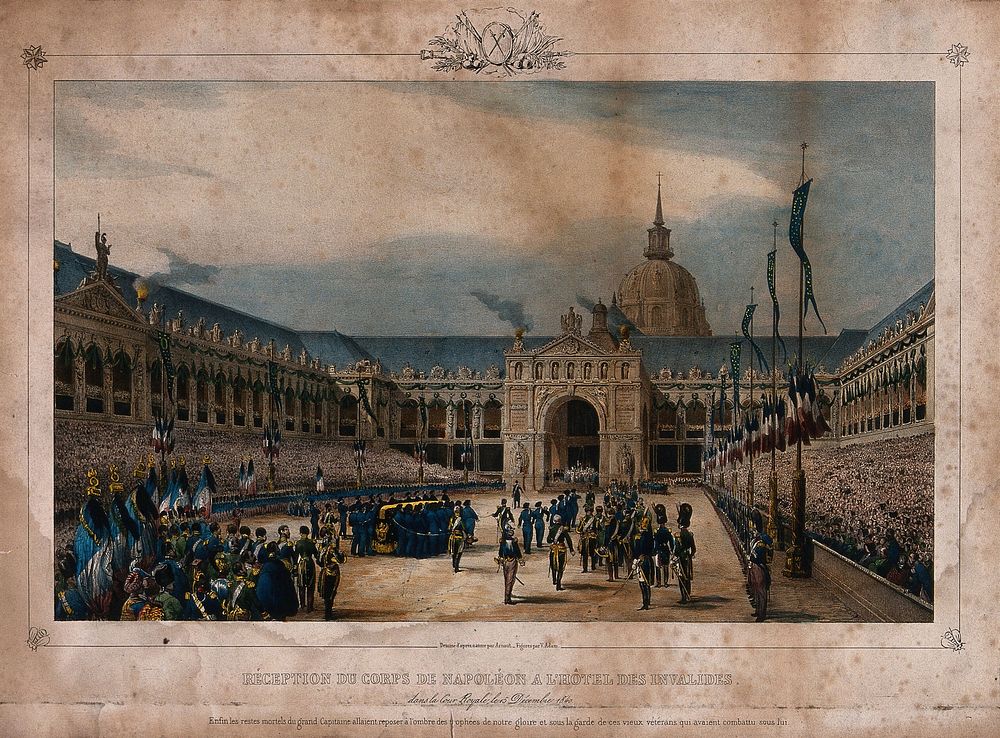 Reception of the body of Napoleon Bonaparte in the Hôtel des Invalides in Paris in 1840. Lithograph by V.J. Adam after J.…