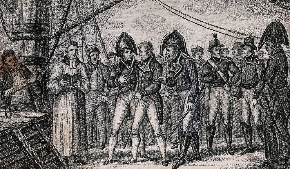 Lieutenant Gamage is lead to the scaffold to be executed on board of a ship. Aquatint.