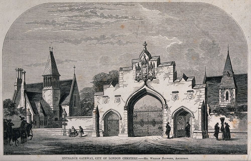 The entrance gateway of the City of London Cemetery. Wood engraving by W. E. Hodgkin after B. Sly.