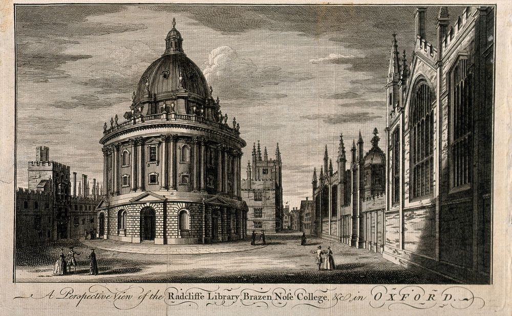 Radcliffe Camera, Oxford: panoramic view with All Souls College, Brasenose College and the Bodleian Library. Line engraving…