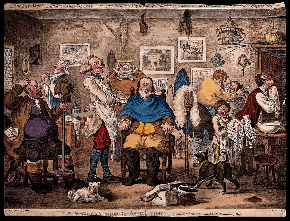 A barber lathering a man's face, other men trying on wigs. Coloured etching by J. Gillray, 1818, after H.W. Bunbury, 1811.