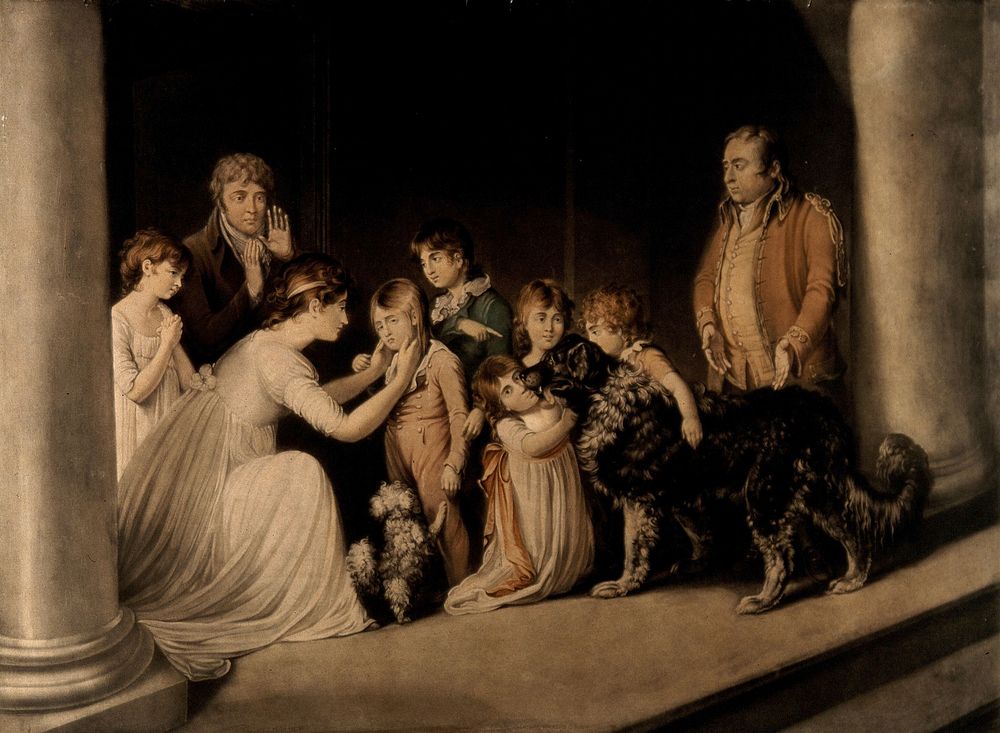 A rescued child is reunited with his family by a Newfoundland dog. Coloured mezzotint by R. Earlom, 1803, after J. Eckstein.