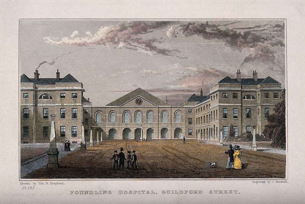 The Foundling Hospital: the main buildings seen from within the grounds. Coloured engraving by J. Henshall after T. H.…