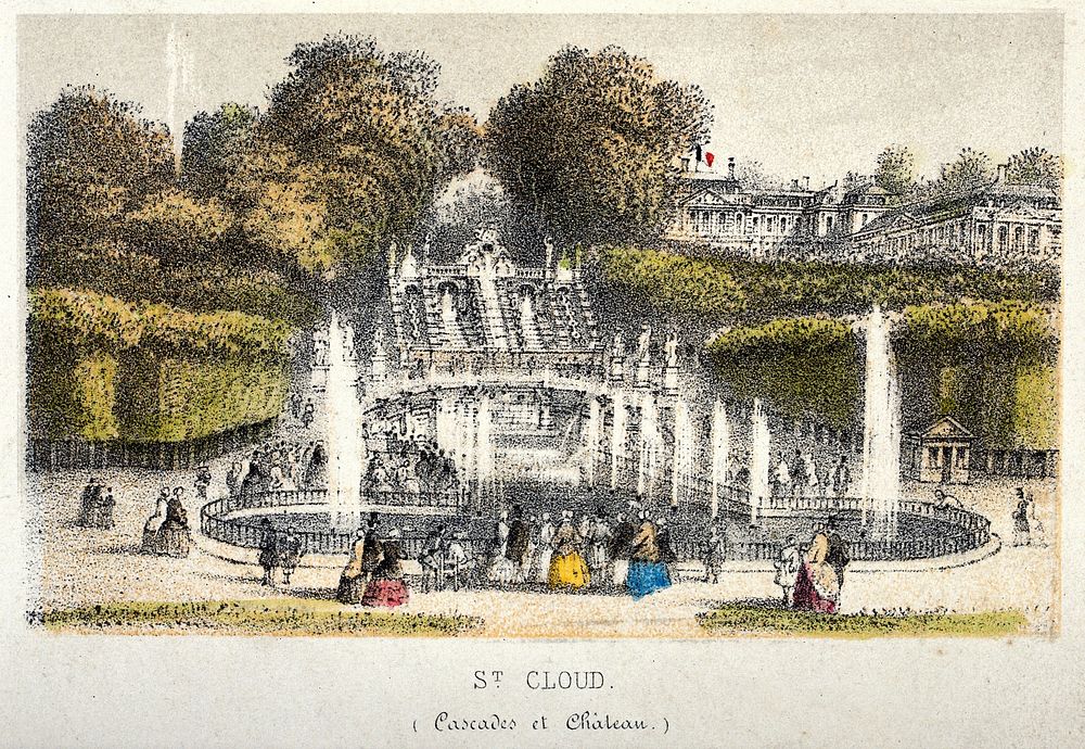 The fountains and castle at St. Cloud. Coloured lithograph.