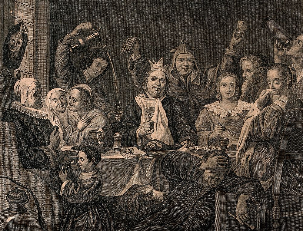 A king sits drinking at a table surrounded by revelling courtiers and a man about to vomit. Engraving after J. Jordaens, c.…