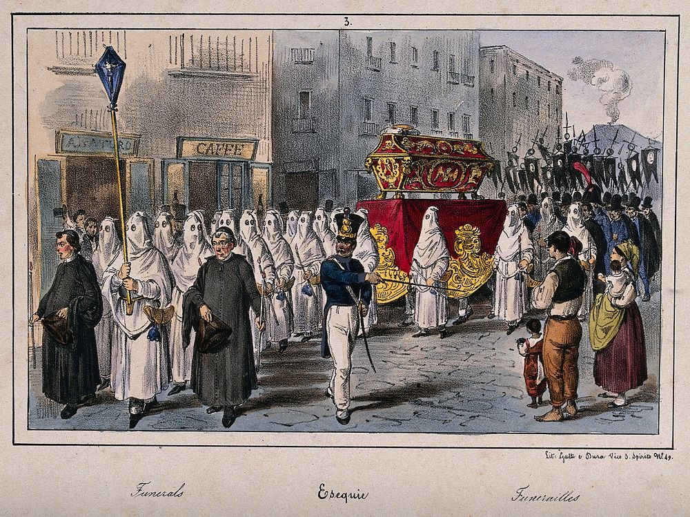 Members of different brotherhoods carrying a coffin during a procession. Coloured lithograph by Gatti and G. Dura after G.…