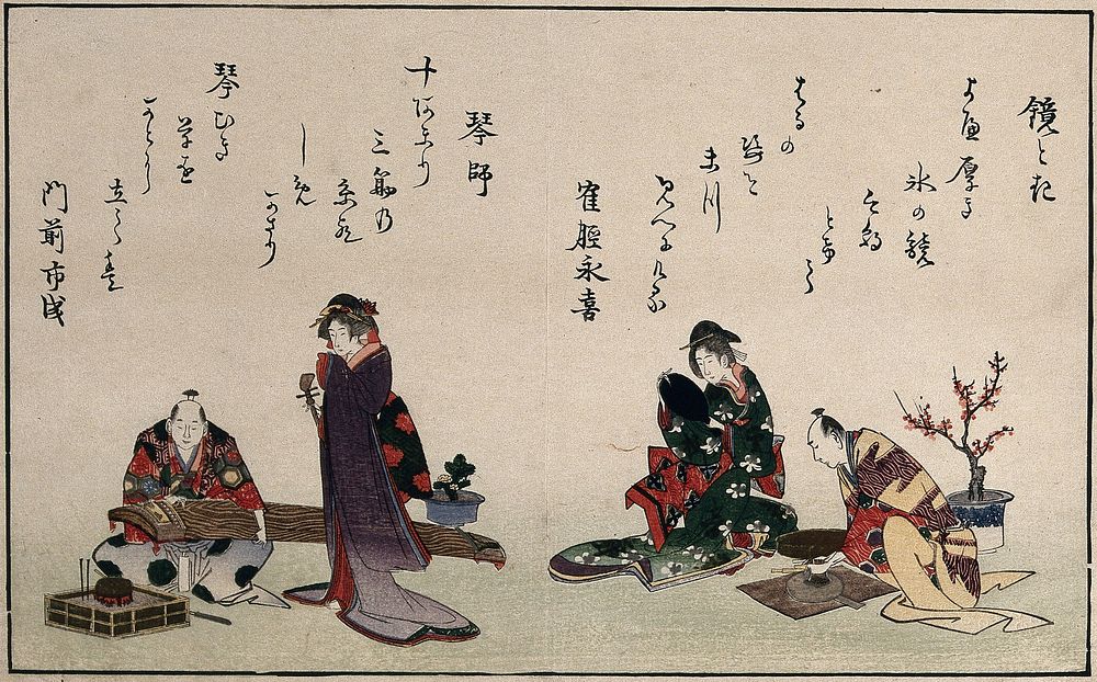 Left, a seated craftsman examines a koto, watched by a standing woman holding a shamisen ; right, a mirror maker works while…