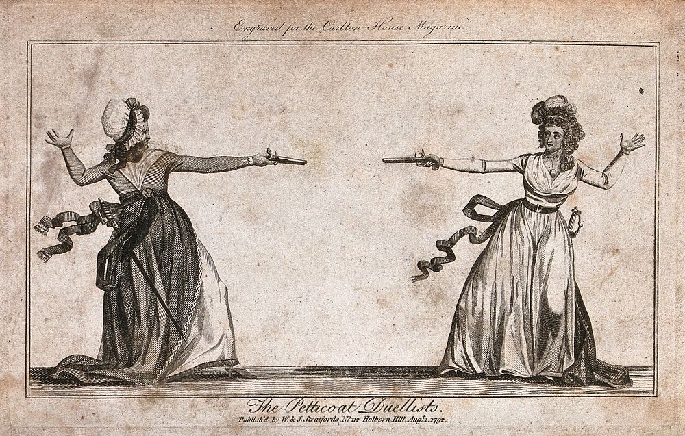 Two ladies duelling with pistols. Engraving, 1792.