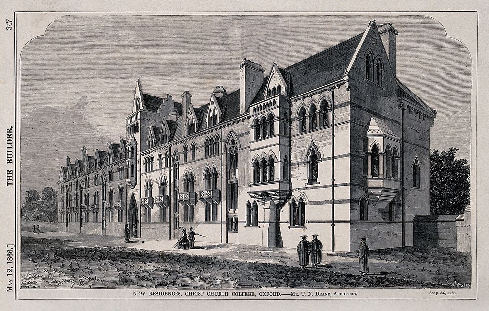 Christ Church, Oxford: halls of residence. Wood engraving by J. Walmsley, 1866, after J. Gascoine after T.N. Deane.