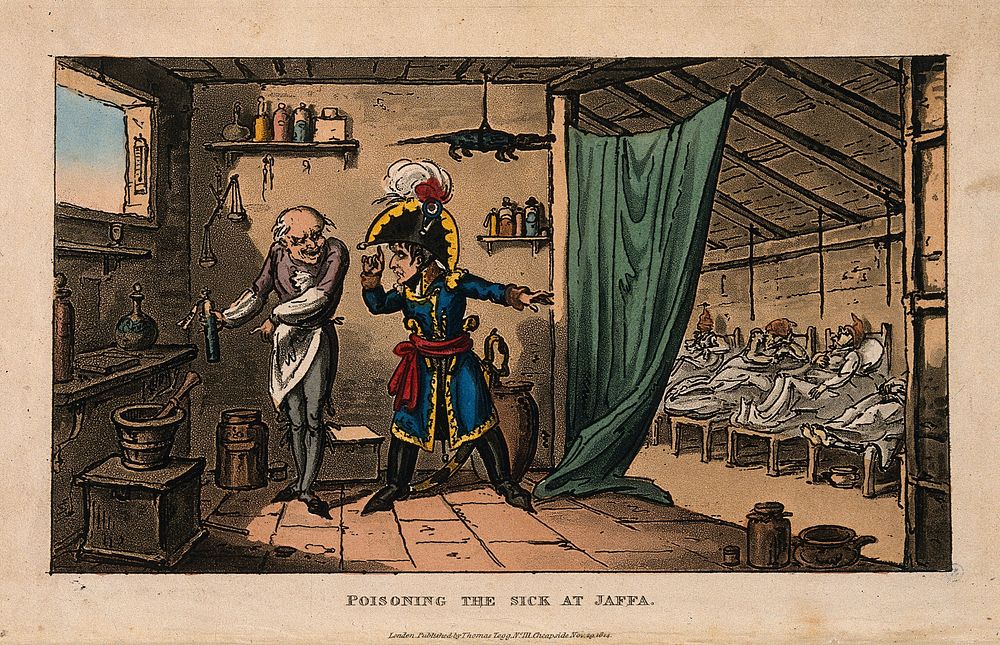 Napoleon Bonaparte instructing the doctor to poison the plague victims at Jaffa in 1799. Coloured aquatint by G. Cruikshank…