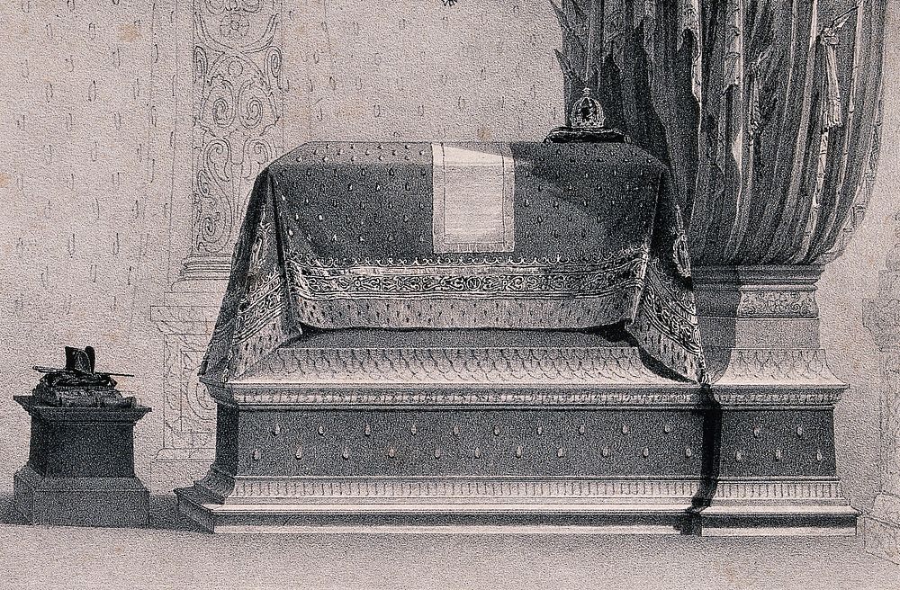 The coffin of Napoleon Bonaparte. Lithograph by J.B. Arnout.