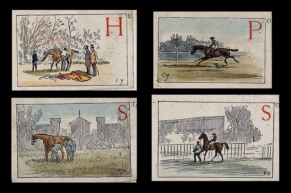 Six different scenes from a race course, including a horse running off without the jockey, a rider mounting a horse and a…