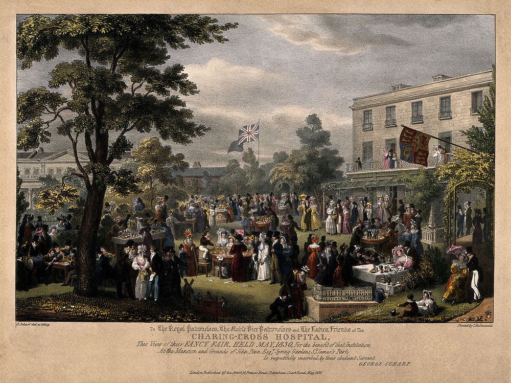 Garden of John Penn, St James's Park: A charity fair for Charing Cross Hospital. Coloured lithograph by G. Scharf, 1830.