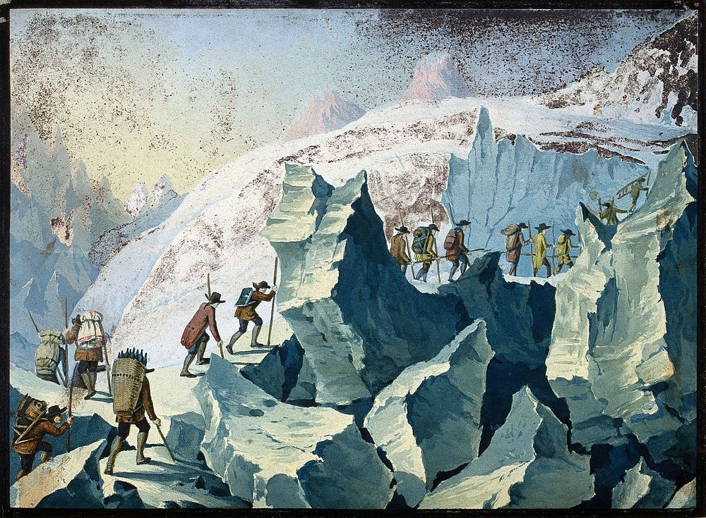 Horace Bénédict de Saussure and others ascending Mont Blanc. Coloured aquatint.