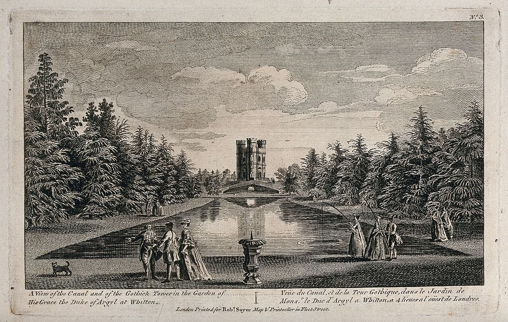 The canal and Gothic tower in the garden of the Duke of Argyll at Whitton, Middlesex. Etching, 18th century.