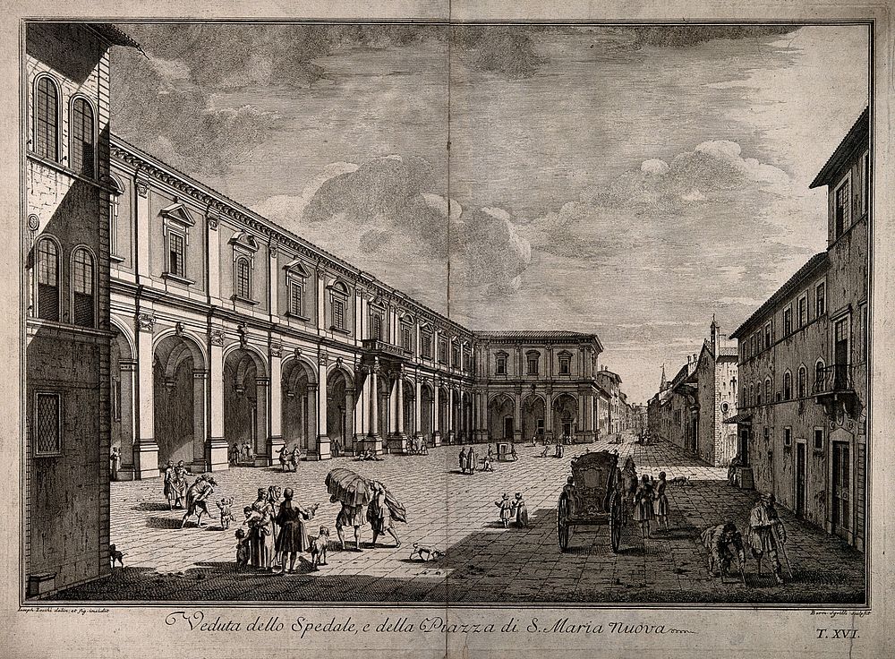 Hospital of Santa Maria Nuova, Florence, Italy. Etching by B.S. Sgrilli after G. Zocchi.