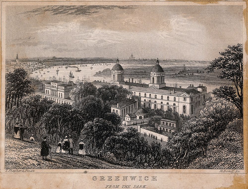 Greenwich, with London in the distance. Engraving by H. Bond after T. H. Shepherd.