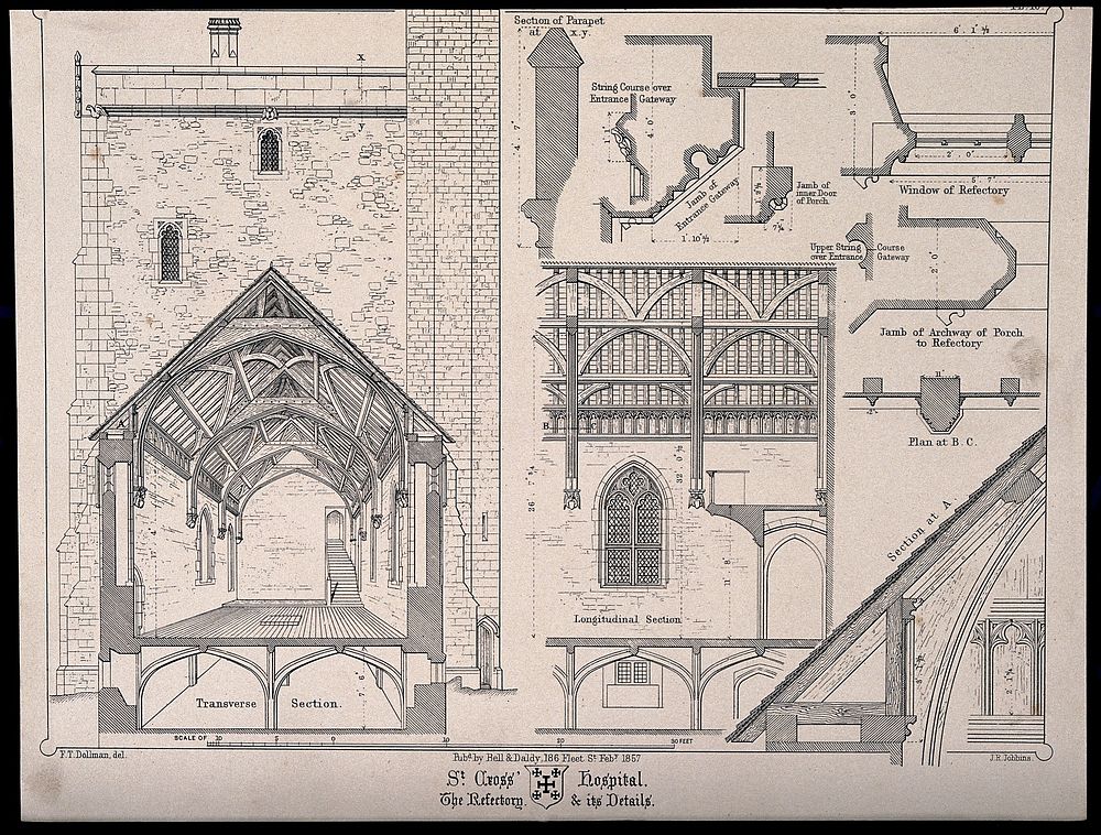 Hospital of St. Cross, Winchester, Hampshire: architectural details. Transfer lithograph by J.R. Jobbins, 1857, after F.T.…