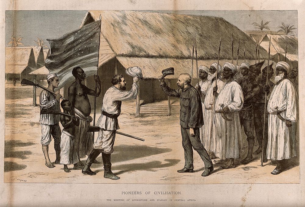 The meeting between David Livingstone and Henry Morton Stanley in Africa, 28 October 1872. Coloured wood engraving after G.…