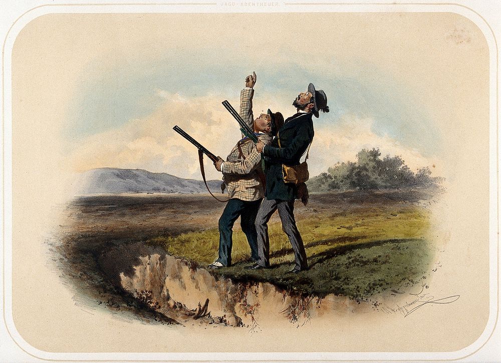 Two huntsmen with rifles look towards the sky, one pointing upwards at their intended prey. Coloured lithograph by A.…