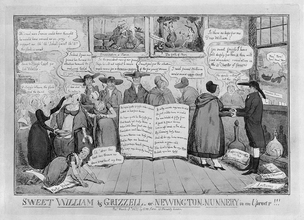 A room of Quakers gossiping about the marriage of William Allen to Mrs. Grizell Birkbeck, seen on the left, affirming their…