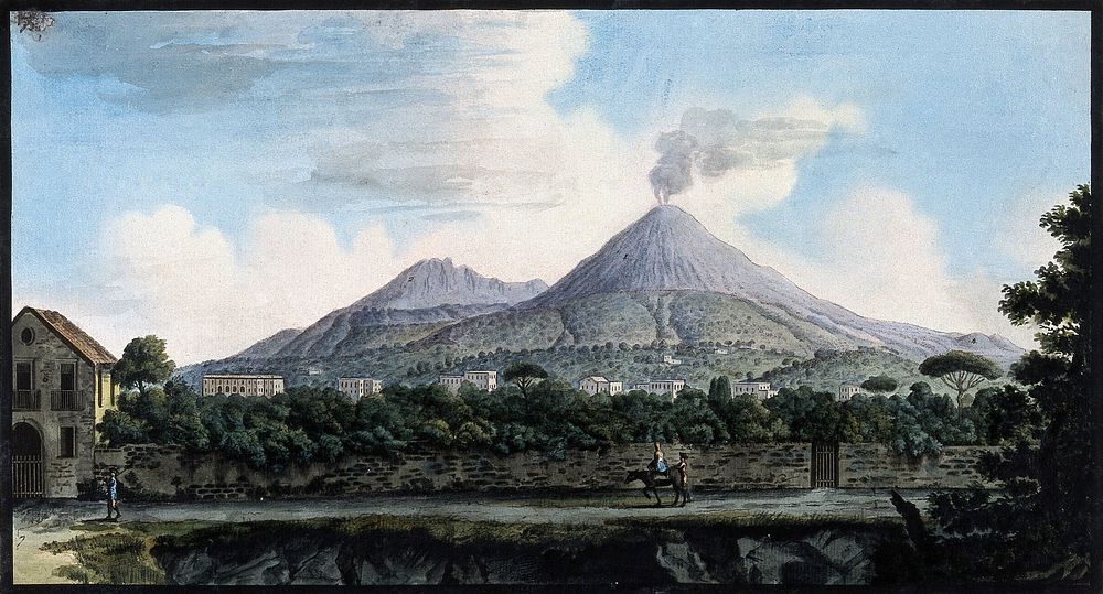 Mount Vesuvius from the sea shore above Resina. Coloured etching by Pietro Fabris, 1776.