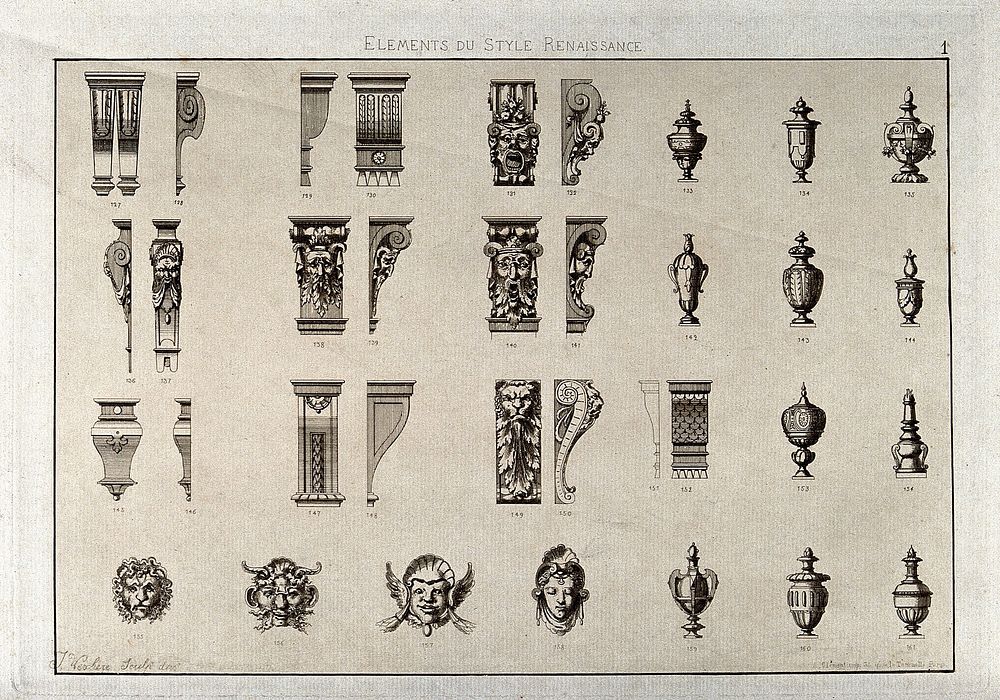 Cabinet-making: decorative architectural elements. Etching by J. Verchère after himself.