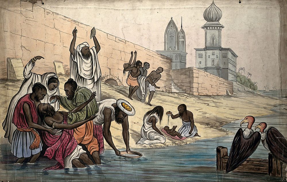The "death of Hindoos on the banks of the river Ganges". Watercolour attributed to an unidentified person called 'The Empire…