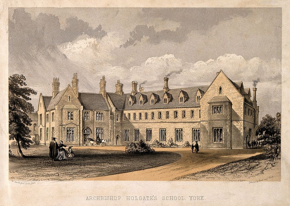 Archbishop Holgate's School, York, England. Coloured lithograph by W. Bevan.