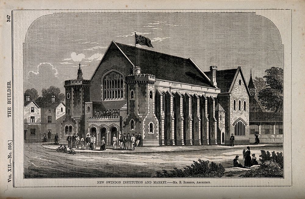 New Swindon Institution and market, Swindon, Yorkshire. Wood engraving by W.E. Hodgkin, 1854, after E. Roberts.